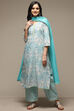 Off White & Blue Cotton Straight Kurta Palazzo Suit Set image number 5