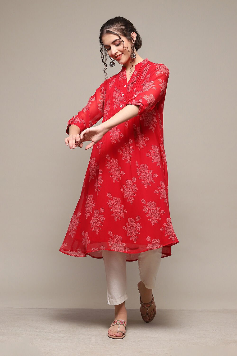 Red Polyester Straight Printed Kurta