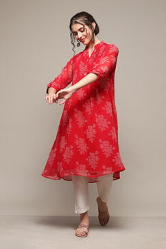Red Polyester Straight Printed Kurta image number 0