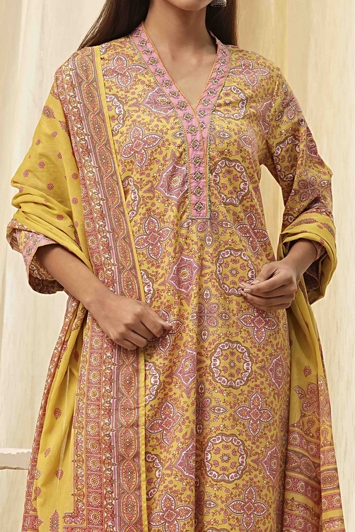 Green Cotton Printed Straight Suit Set image number 1