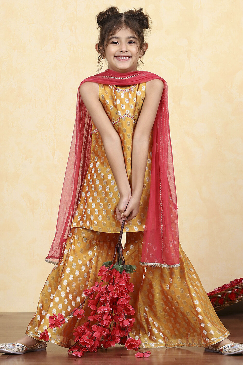 Yellow Brocade Yarndyed Fitted Sharara Suit Set image number 0