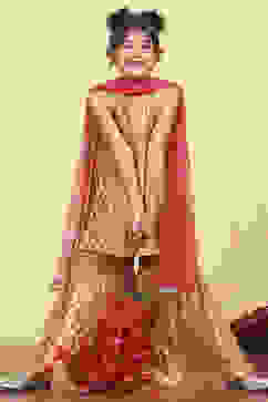 Yellow Brocade Yarndyed Fitted Sharara Suit Set image number 0