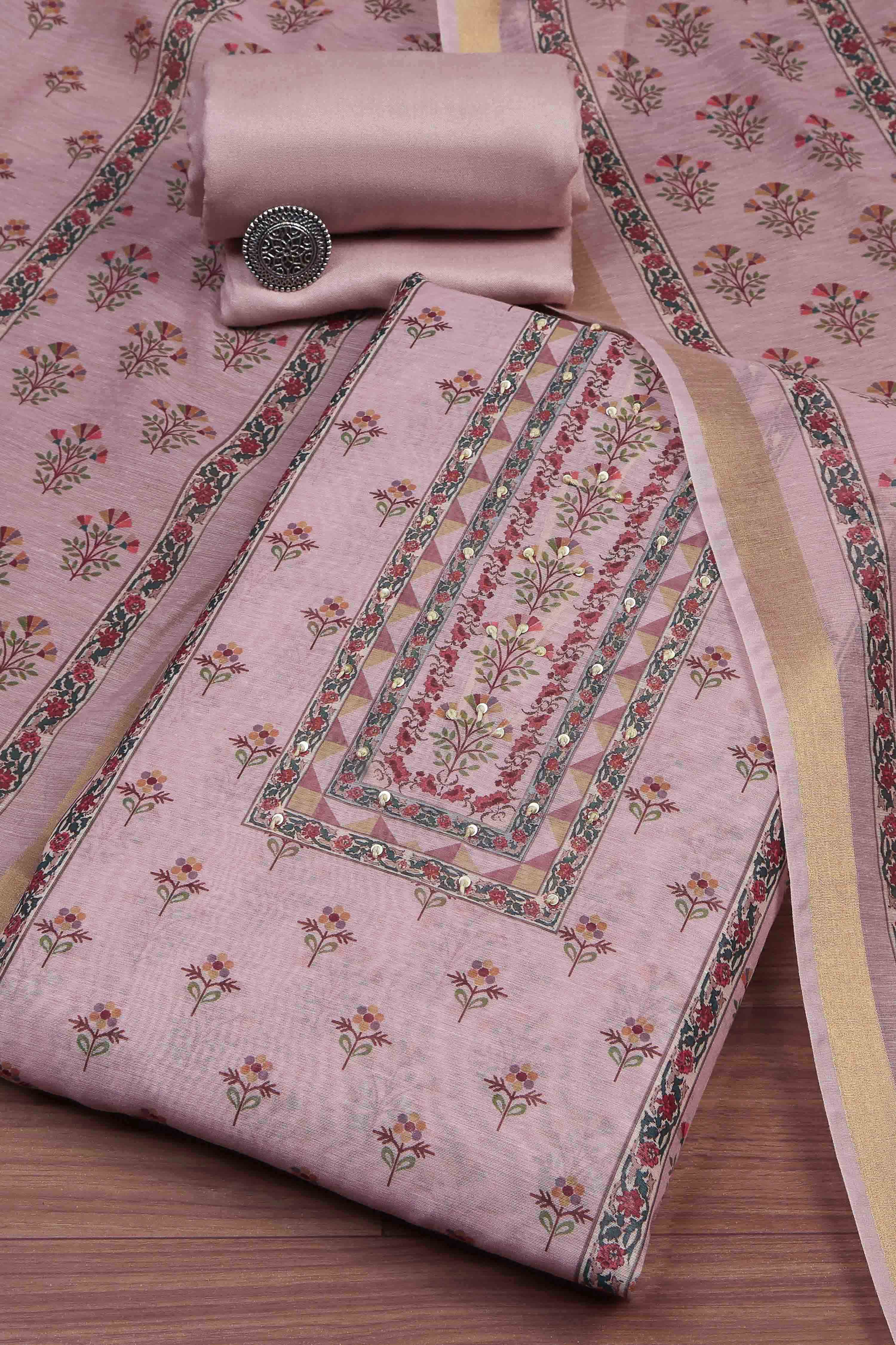 Pink Muslin Rajasthani Print Unstitched Suit Set image number 0