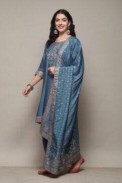 Blue Viscose Straight Yarndyed Kurta Salwar Suit Set image number 4