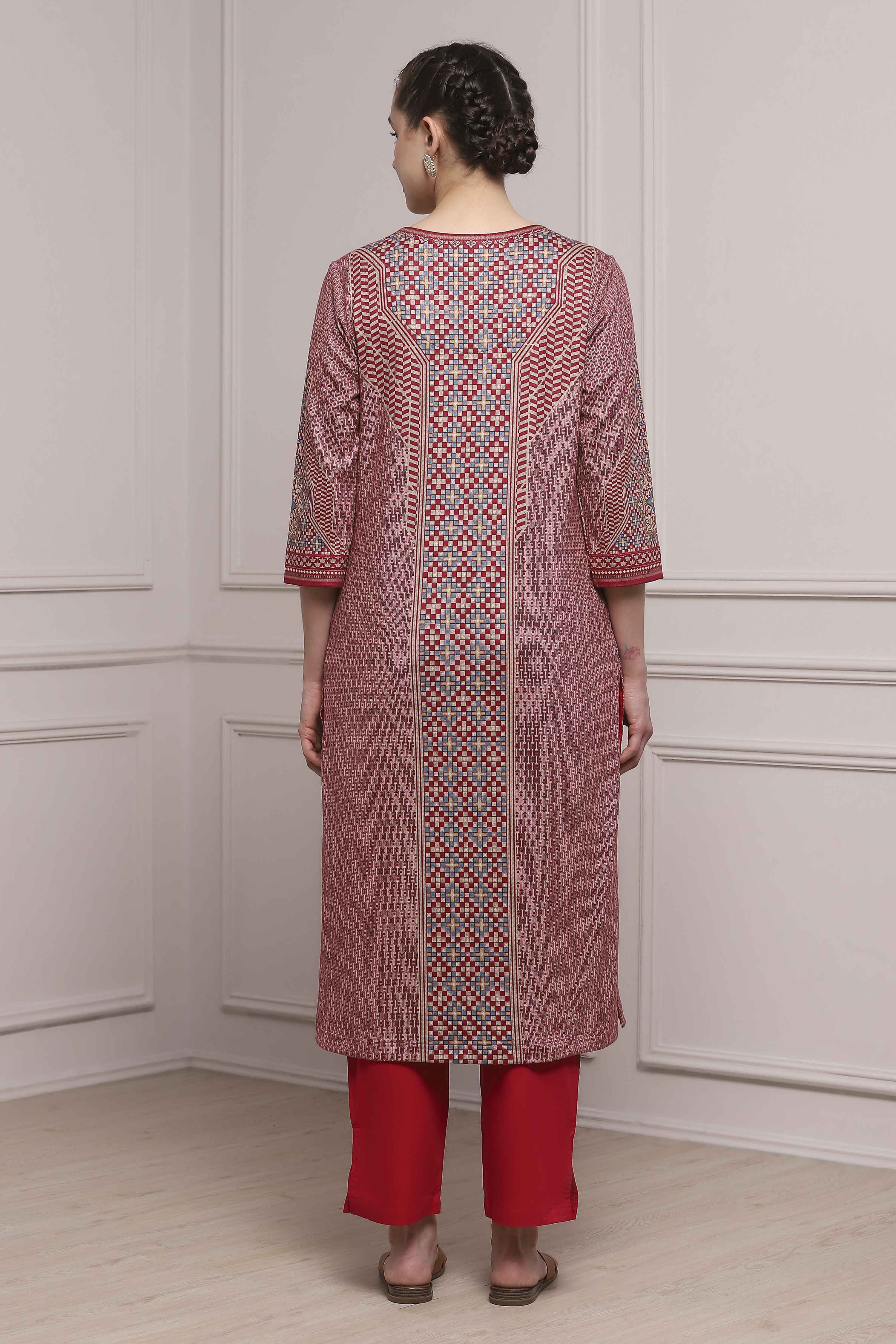 Blue Polyester Straight Printed Kurta image number 3