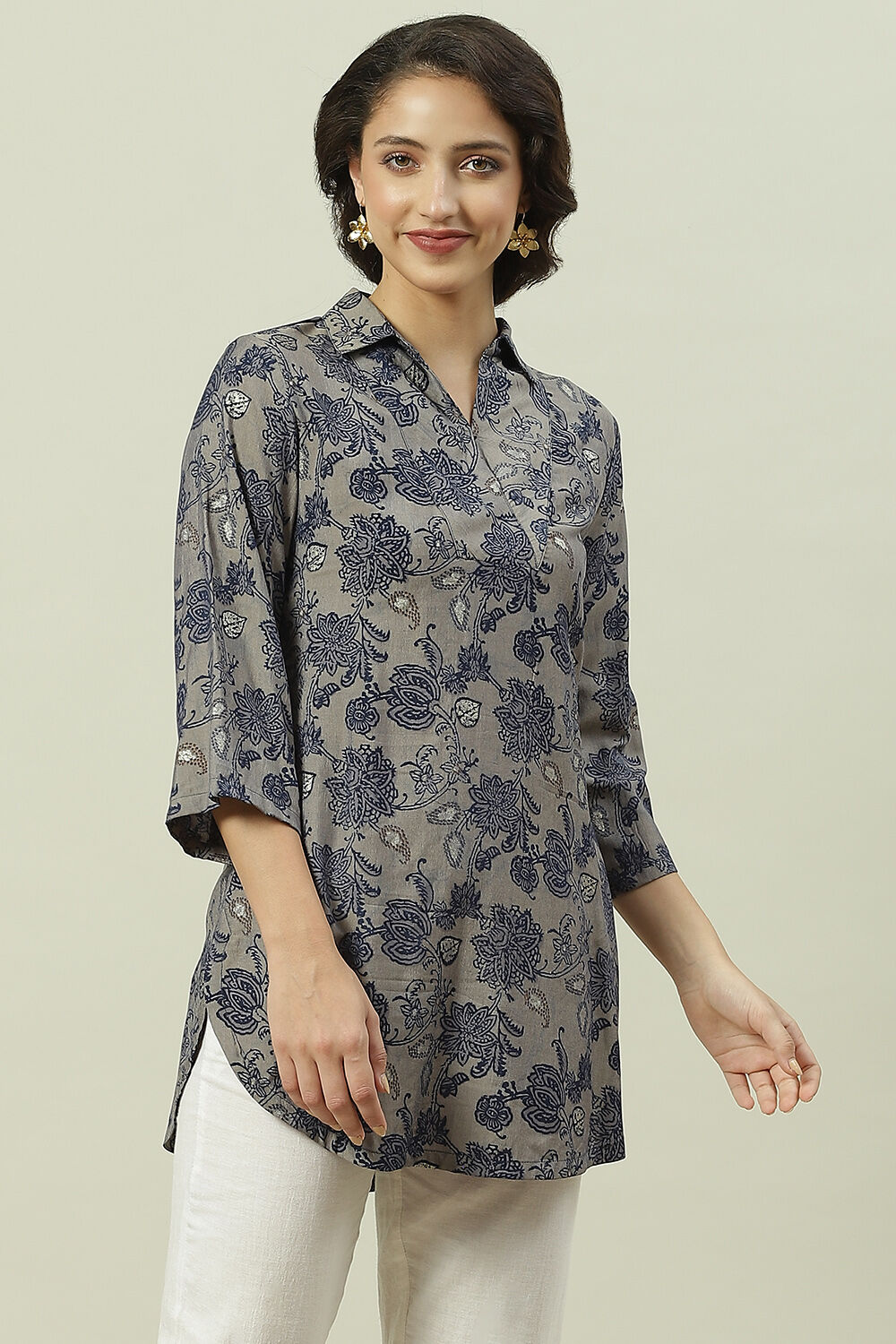 Blue  LIVA Straight Printed Shirt image number 2