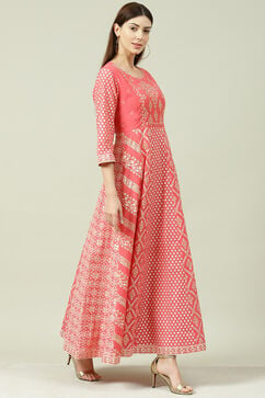 Pink Art Silk Flared Fusion Dress image number 4