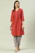 Rust Yarndyed Cotton Straight Kurta Slim Pants Suit Set image number 6