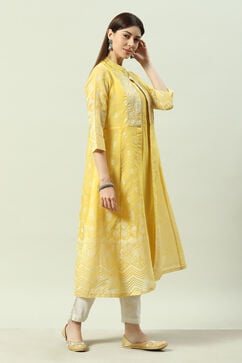 Yellow Art Silk Flared Printed Kurta with Jacket image number 5