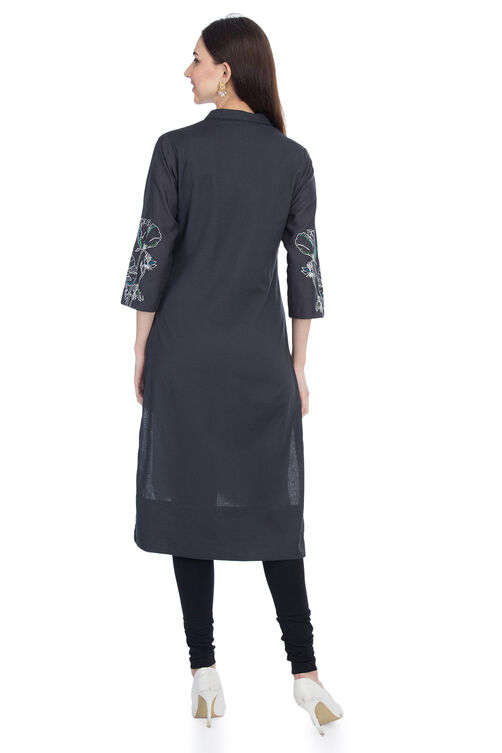 Charcoal Straight Solid Kurta image number 4