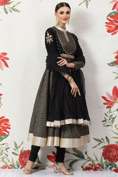 Rohit Bal Black Cotton Silk Anarkali Yarndyed Suit Set image number 5