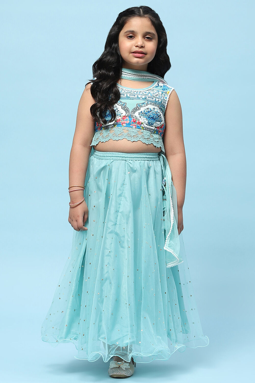 Sea Green Cotton Printed and Glittered Lehenga Set image number 7