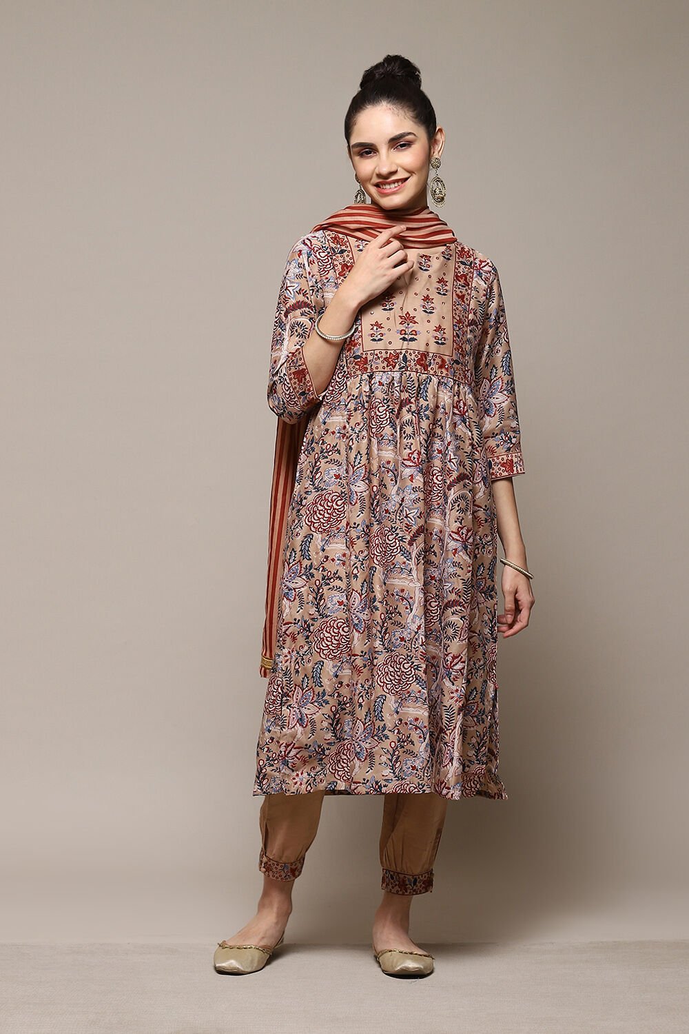 Beige Poly Cotton Layered Kurta Salwar Suit Set