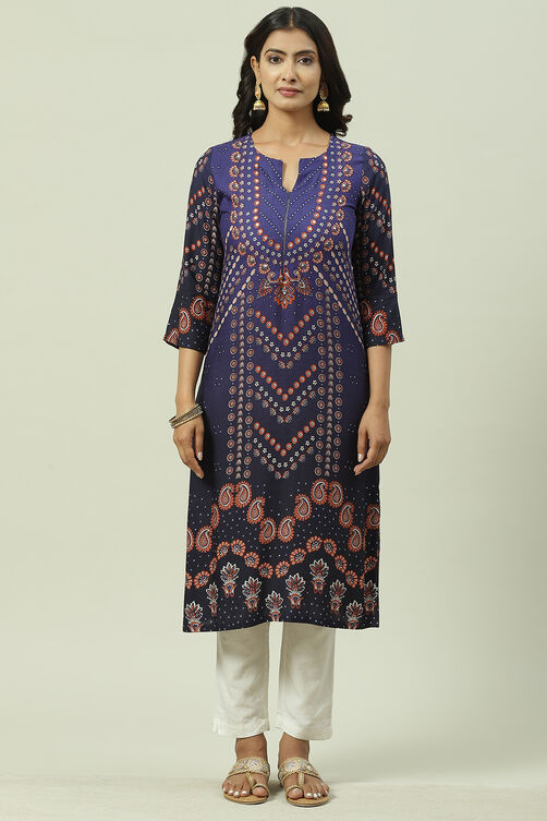 Navy LIVA Straight Printed Kurta image number 5