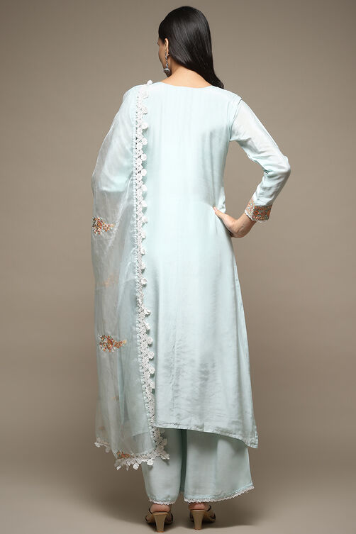 Light Blue Muslin Lace Unstitched Suit Set image number 5