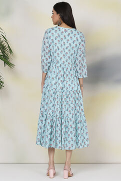 Turquoise Cotton Double Layered Dress image number 6