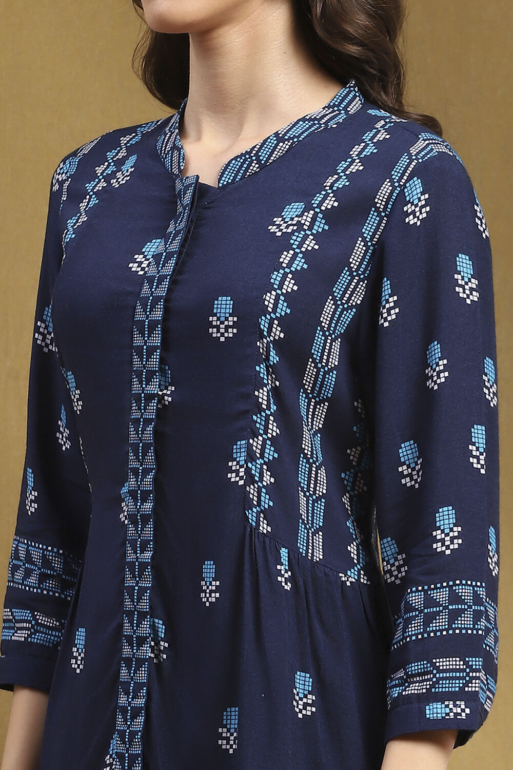 Navy Blue Floral Printed Gathered Short Kurta image number 1