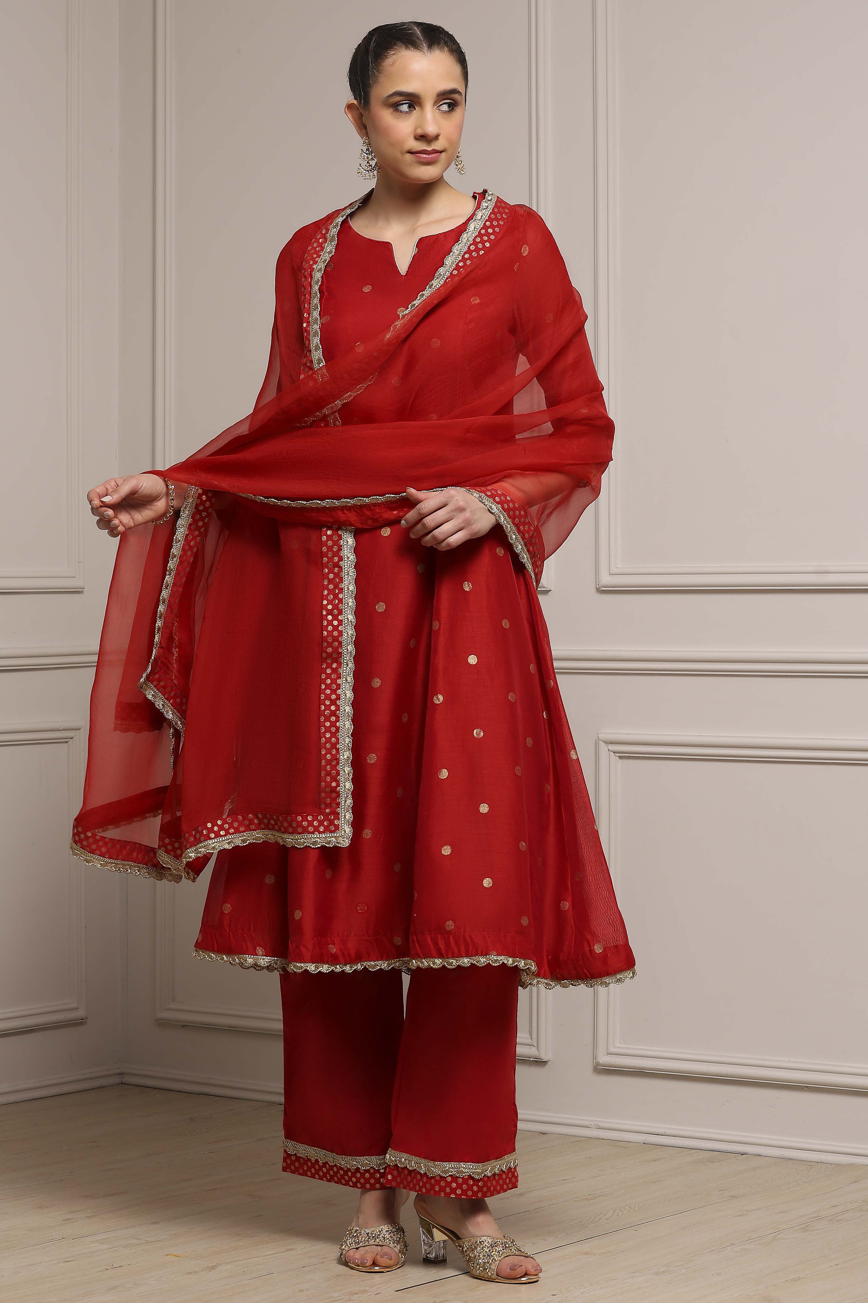 Red Polyester Kalidar Printed Suit Set image number 0