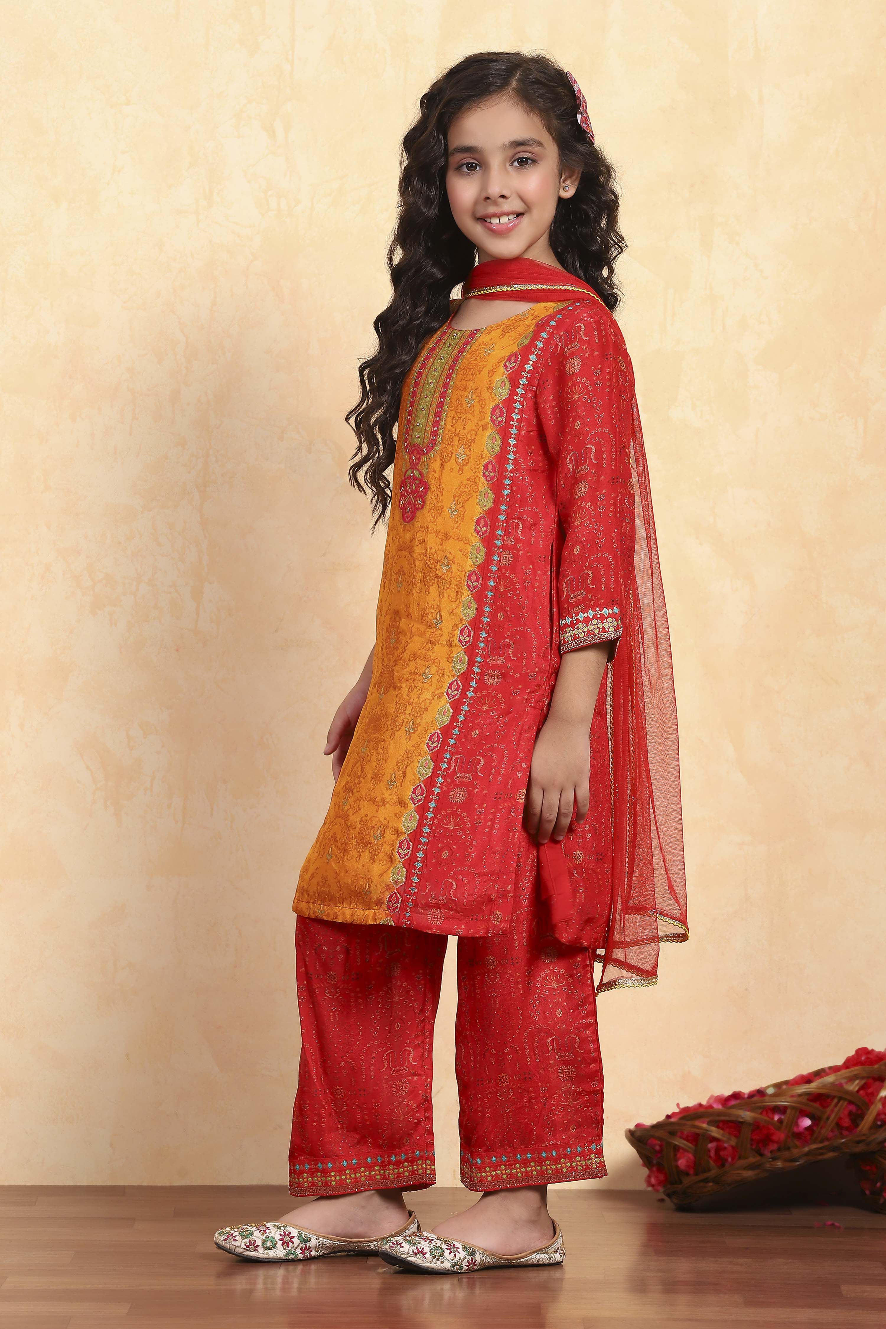 Mustard Yellow and Red Printed Straight Suit Set image number 3