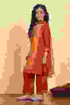 Mustard Yellow and Red Printed Straight Suit Set image number 3