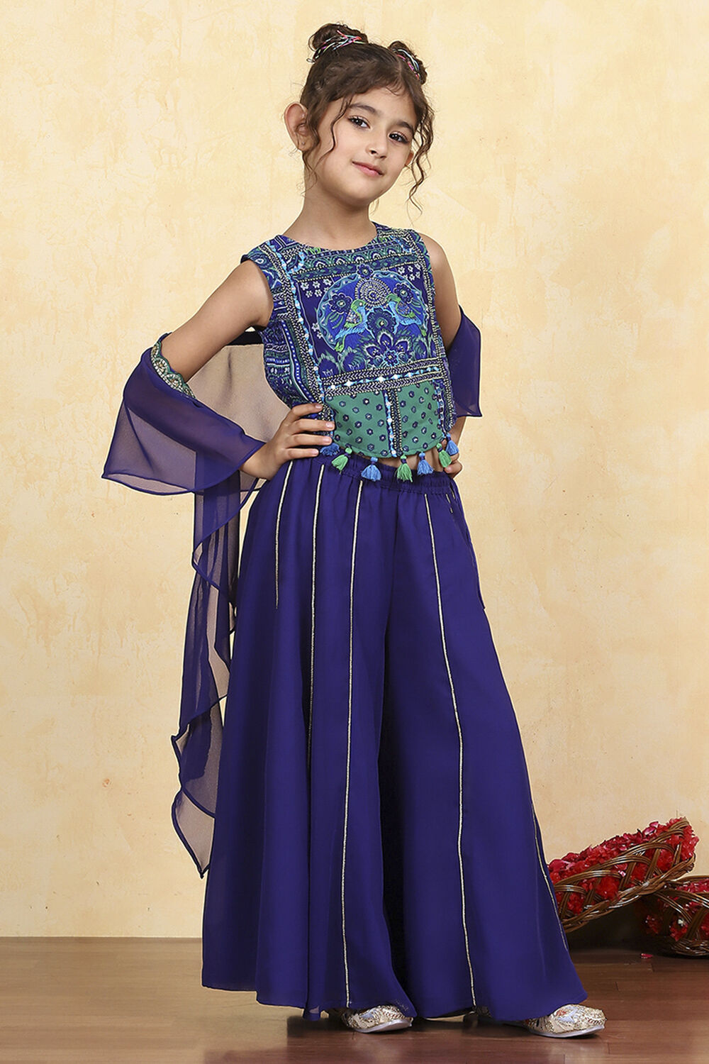 Blue Polyester Printed Short TOP Suit Set image number 5