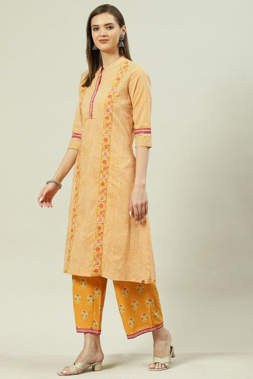 Yellow Printed Cotton A-Line Kurta Palazzo Suit Set image number 3