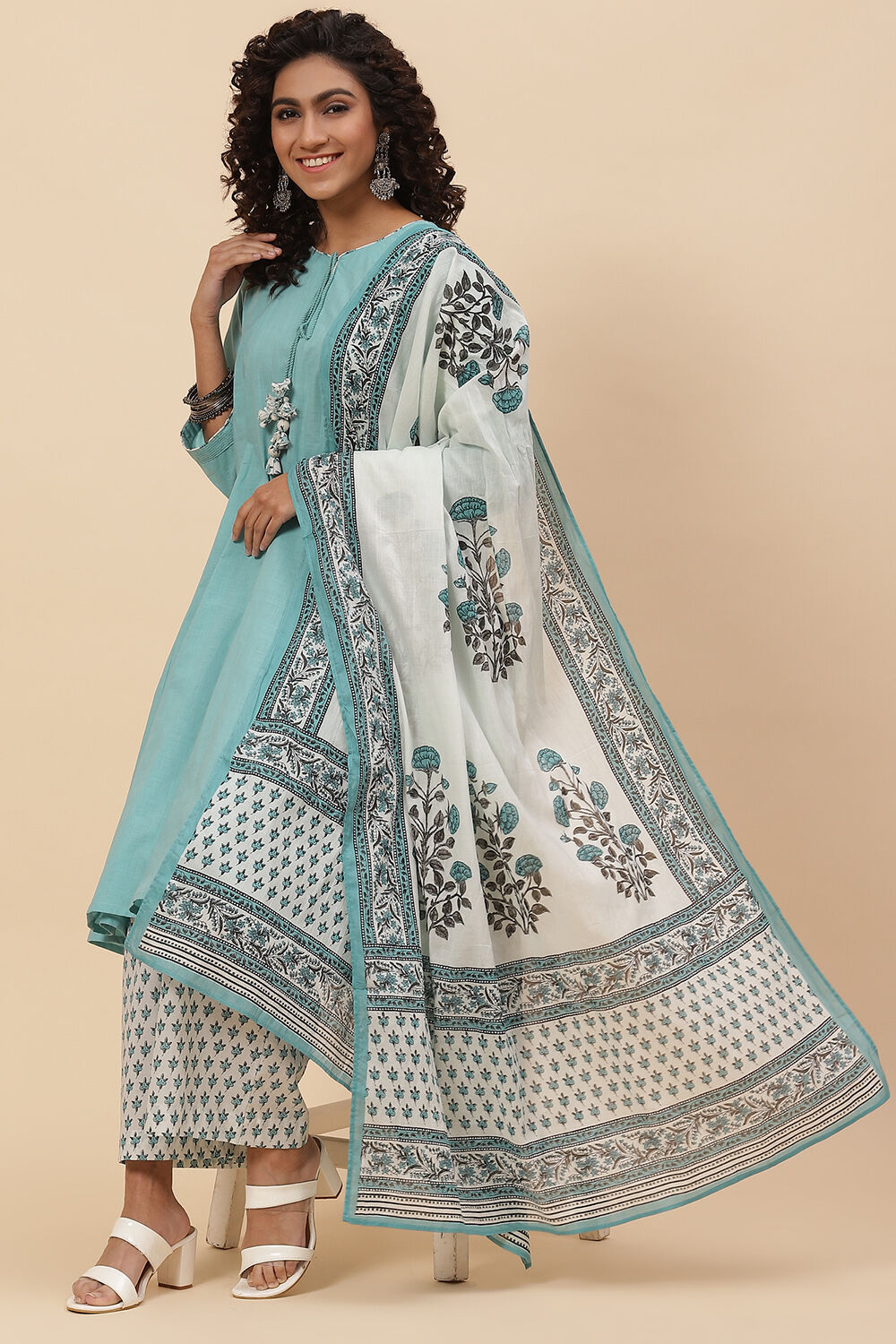 Turquoise Cotton A-Line Kurta Palazzo Suit Set image number 5