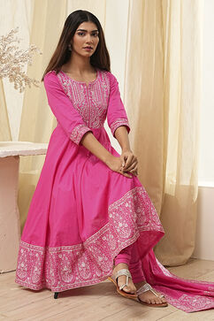 Pink Cotton Embroidered Anarkali Suit Set image number 0