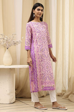 Purple Cotton Printed Straight Kurta image number 3