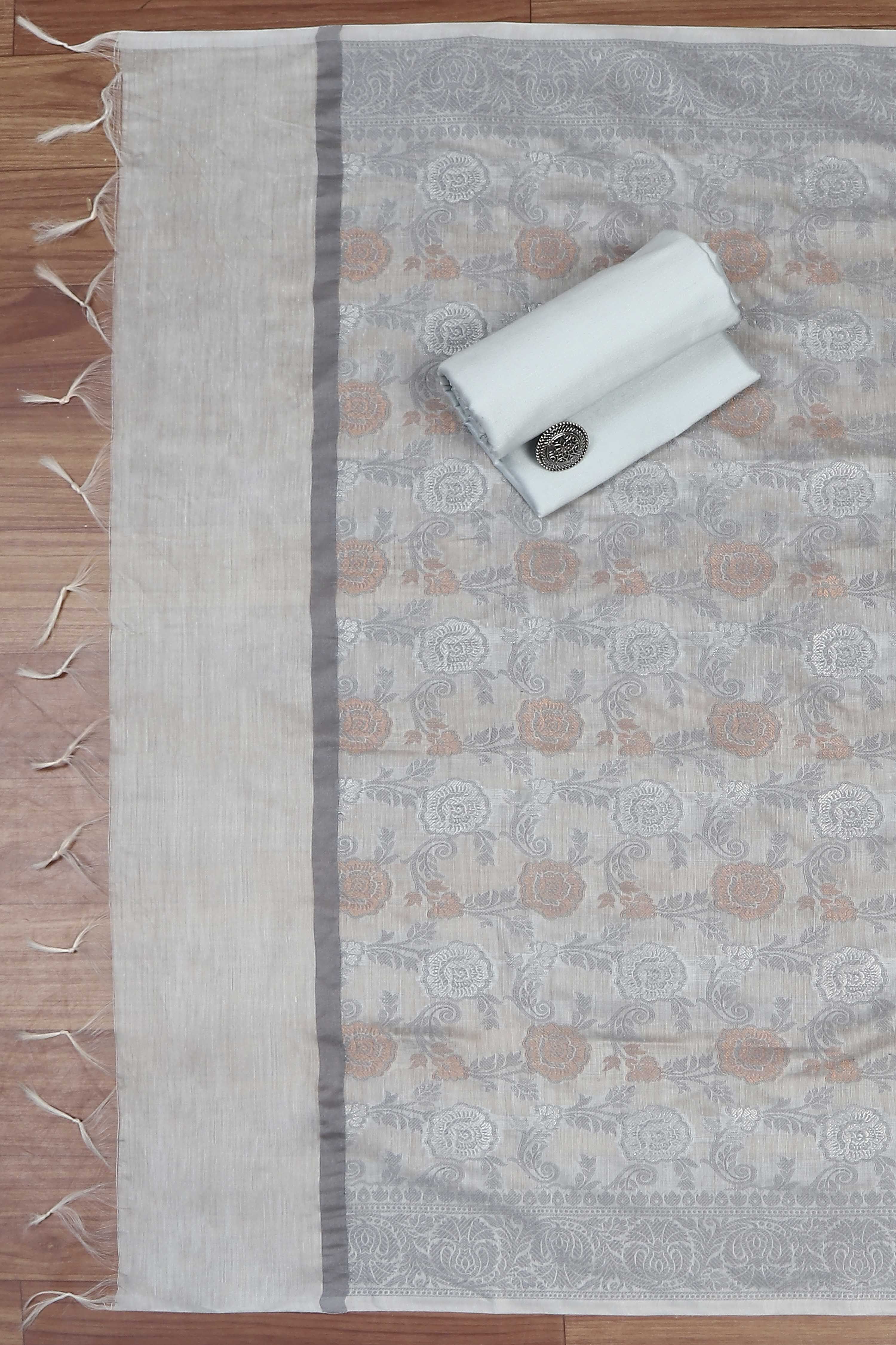 Beige Cotton Printed Embroidered Unstitched Suit Set image number 3