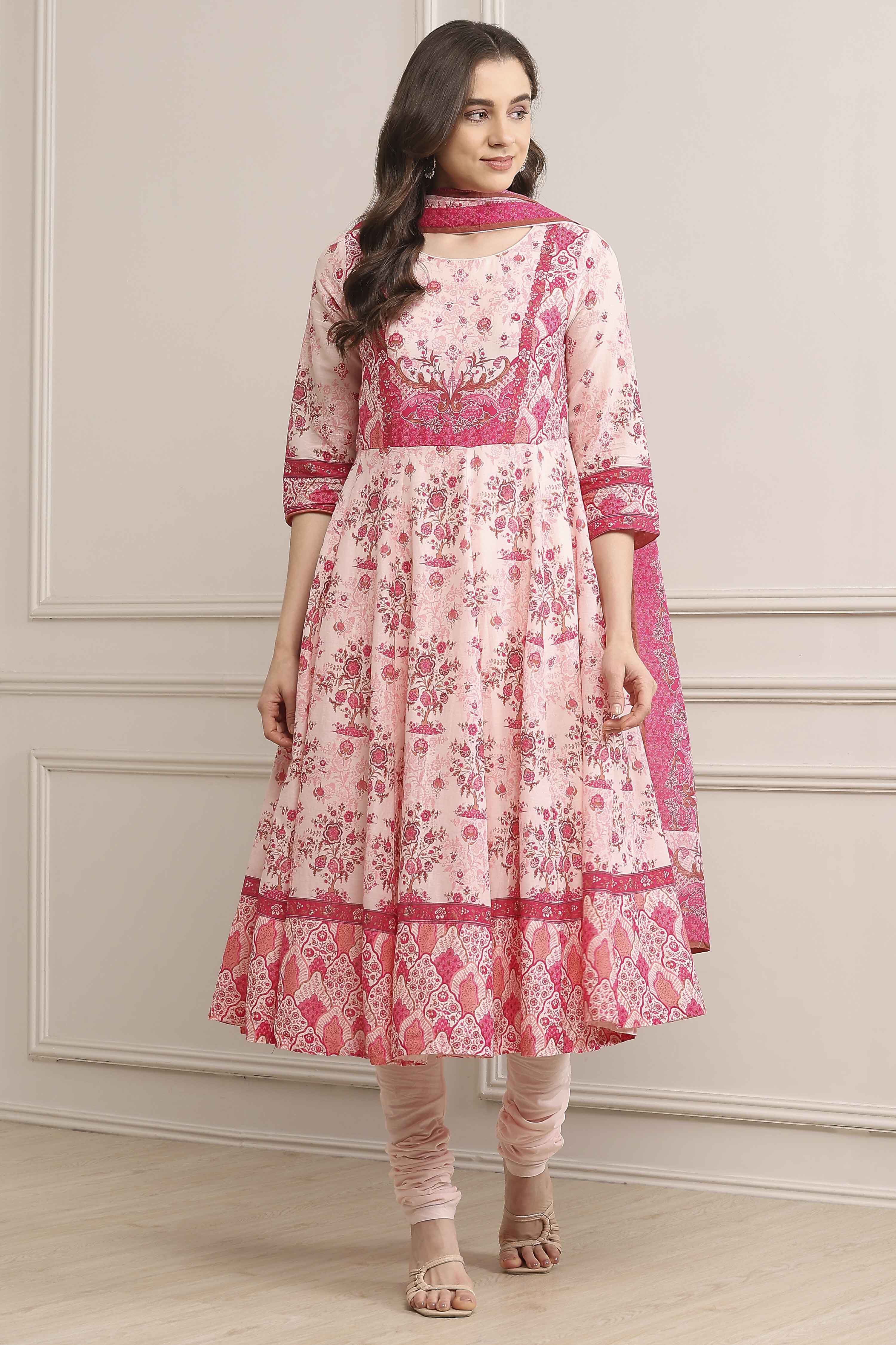 Light Pink Cotton Printed Anarkali Suit Set image number 6