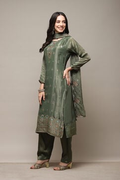 Metalic & Green Banarasi Silk Digital Print Unstitched Suit Set image number 6