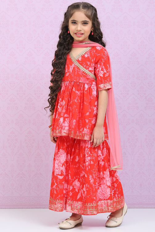 Coral Red Cotton Straight  Kurta Palazzo Suit Set image number 5