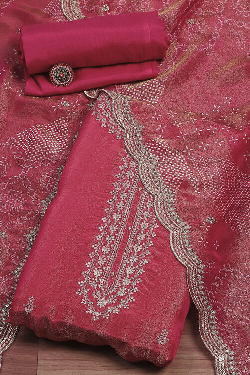 Pink Tissue Hand Embroidered Unstitched Suit Set image number 0