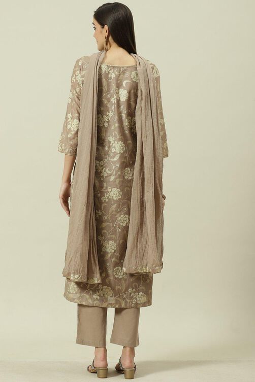 Light Brown Printed Straight Kurta Regular Pants Suit Set image number 4