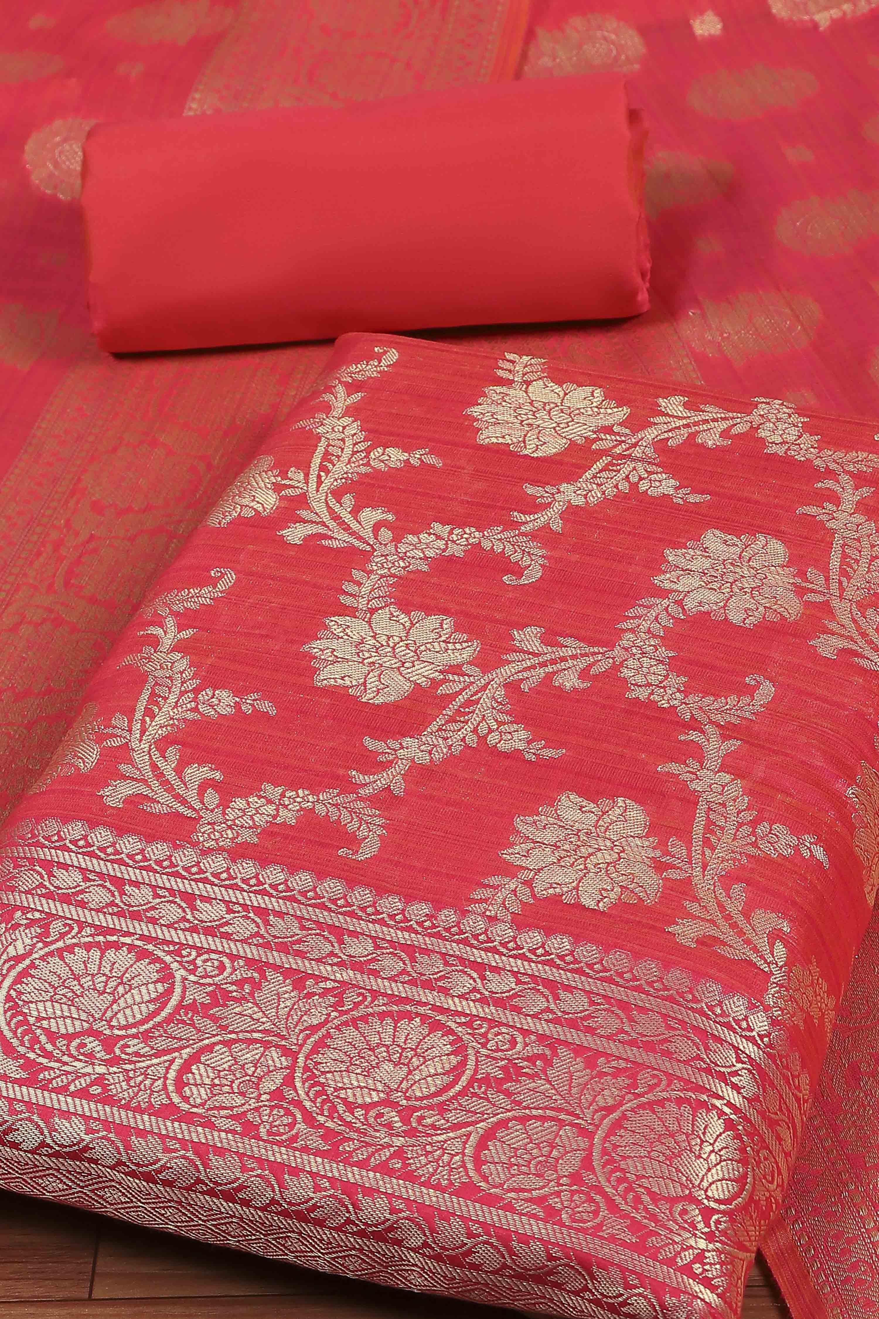 Orange Cotton Printed Embroidered Unstitched Suit Set image number 1