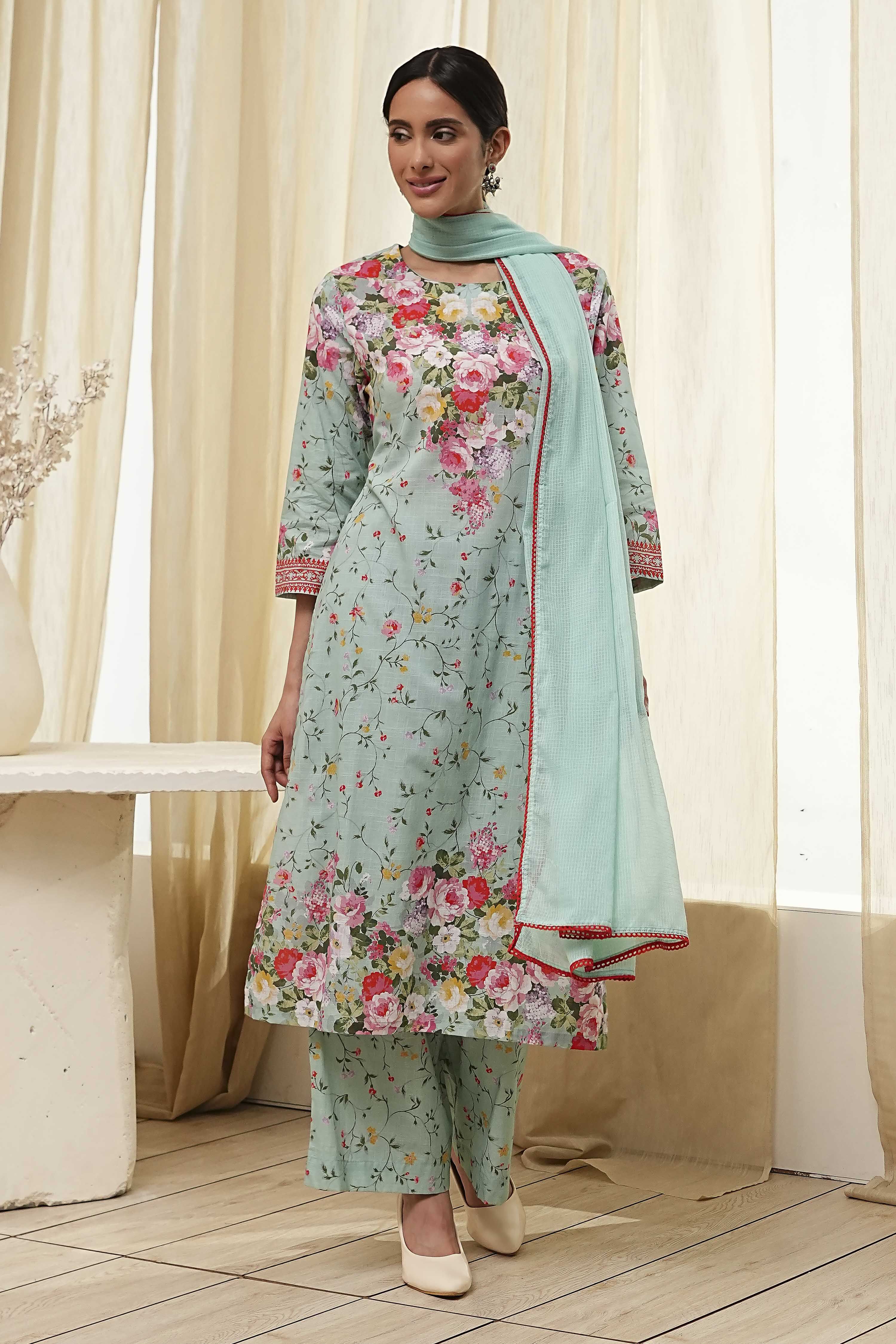 Turquoise Cotton Floral Printed Straight Suit Set image number 6