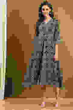 Blue Georgette Floral Printed Flared Dress image number 5