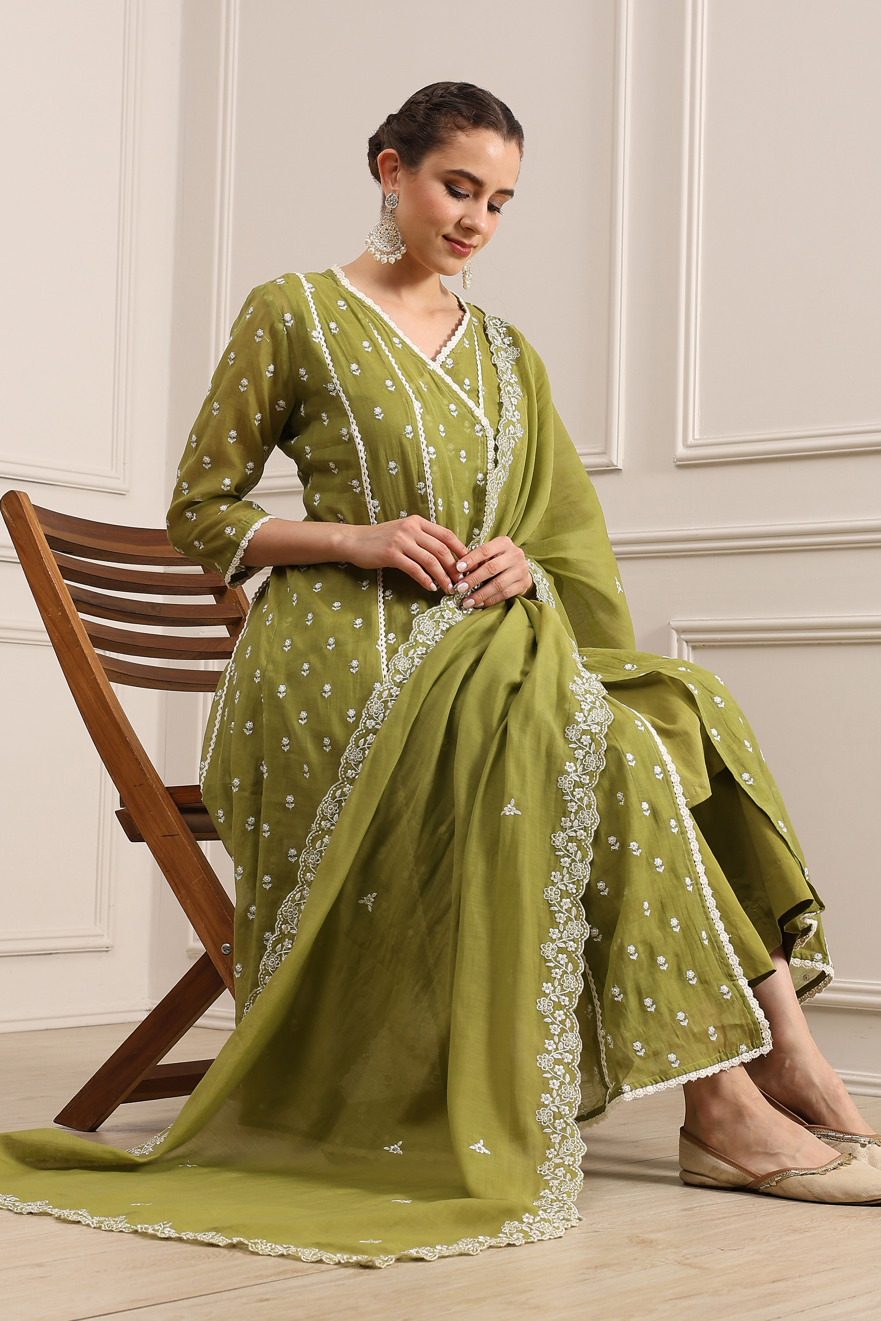 Mehndi Green Chanderi Embroidered Kalidar Suit Set image number 0