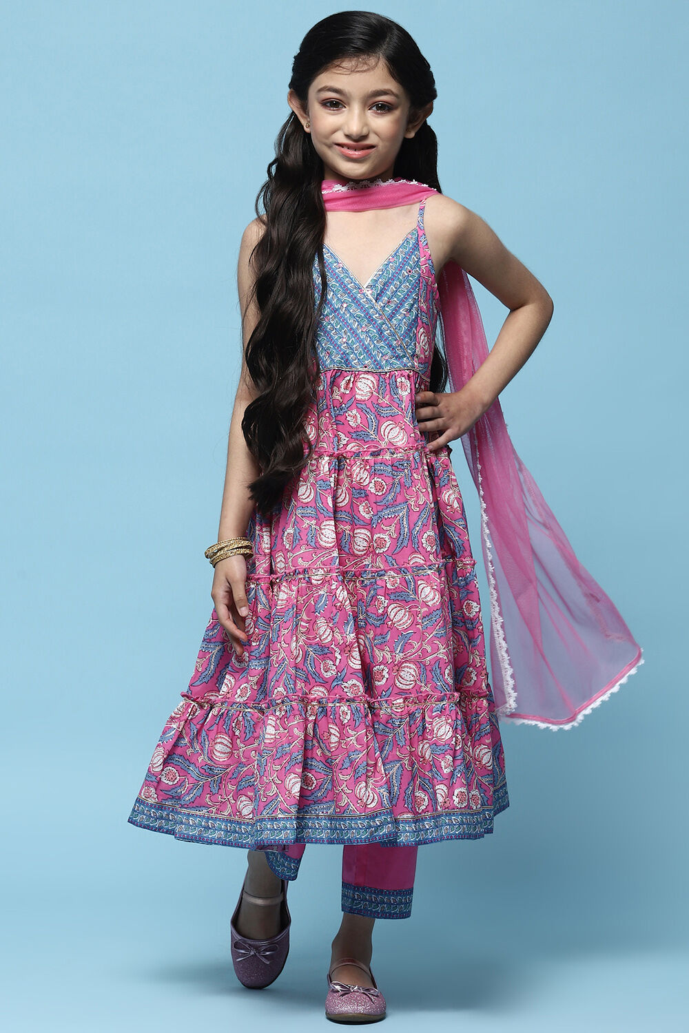 Pink Cotton Tiered Kurta With Palazzo & Net Dupatta  image number 7