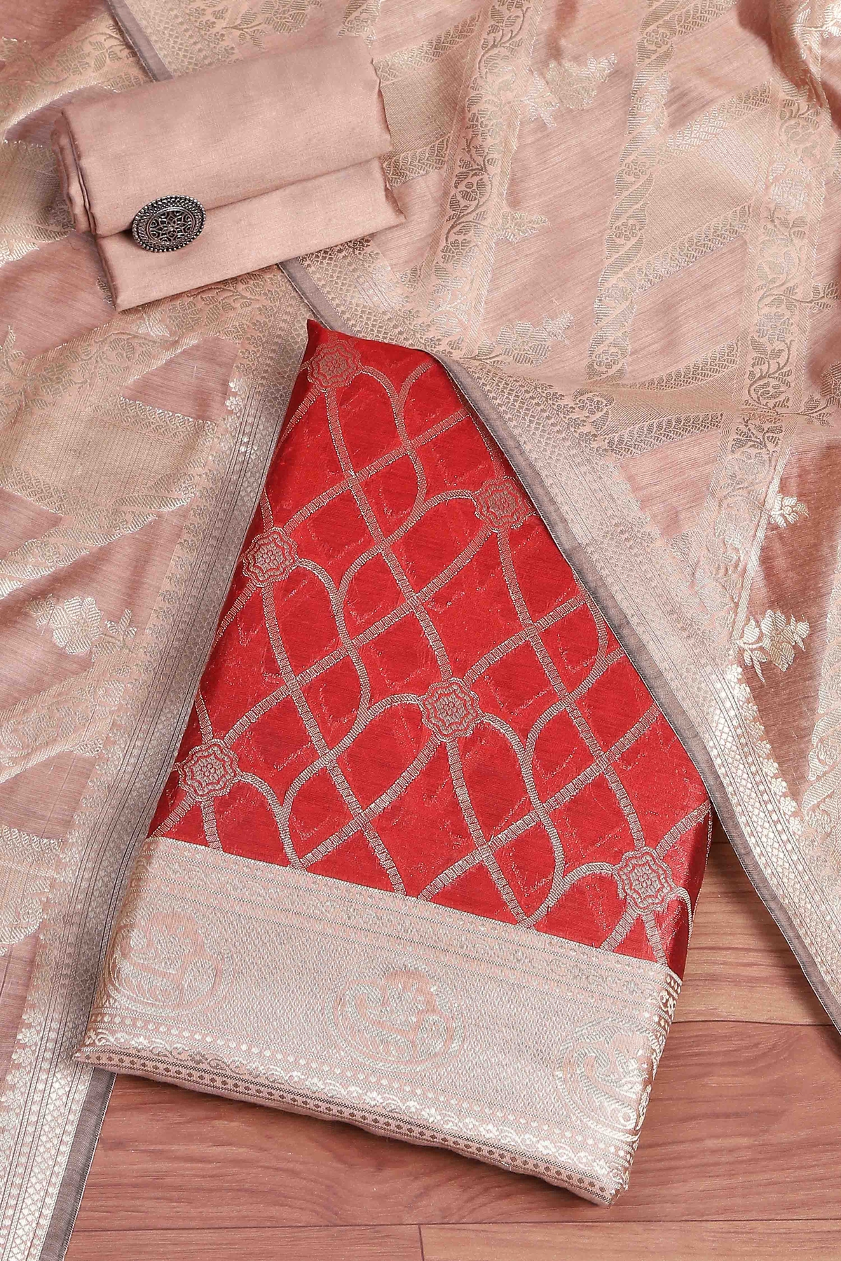 Red Chanderi Printed Unstitched Suit Set