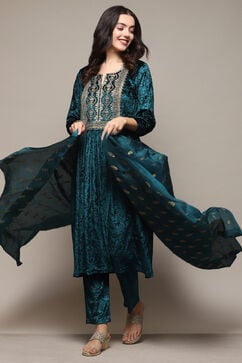 Teal Polyester Straight Embroidered Kurta Palazzo Suit Set image number 0