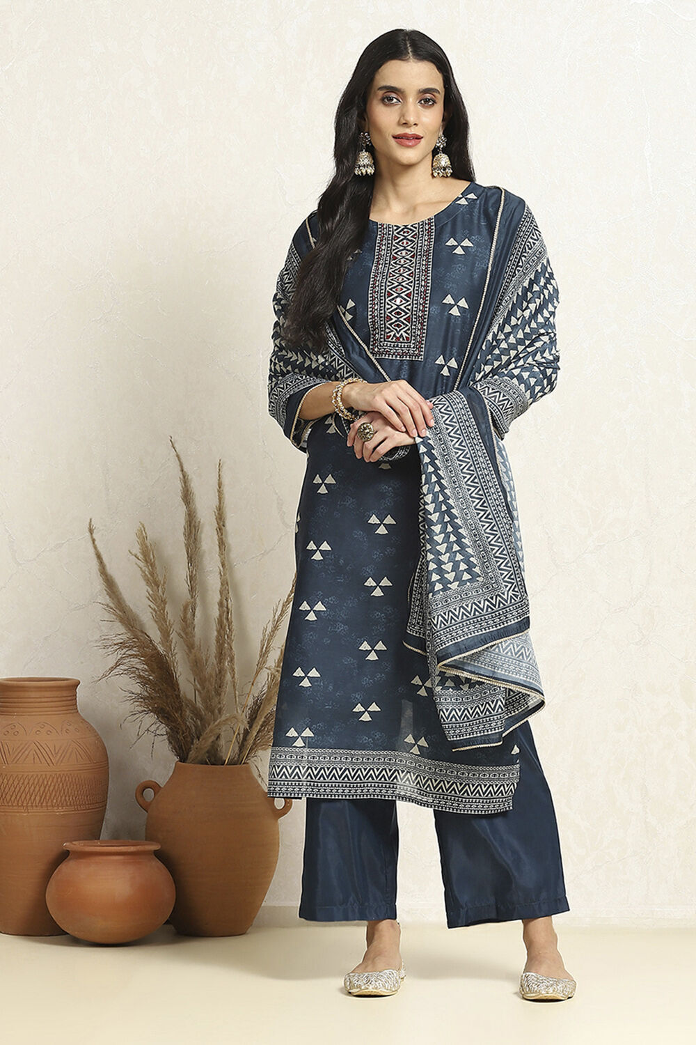Blue Chanderi Geometric Printed Unstitched Suit Set image number 1
