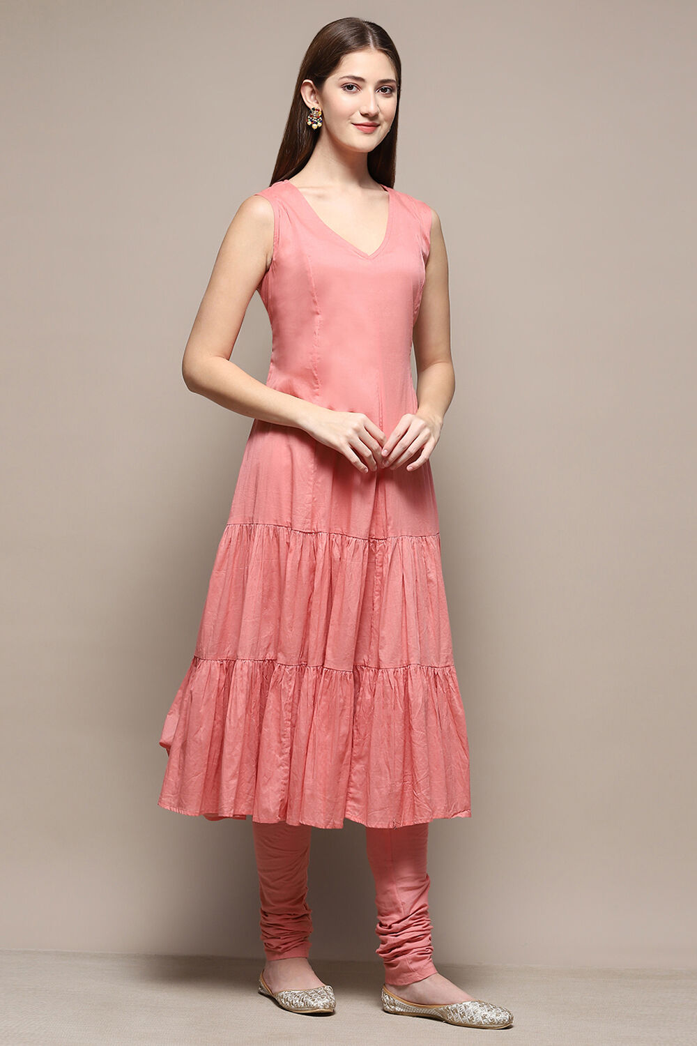 Peach Cotton Blend Layered Kurta Churidar Suit Set image number 8