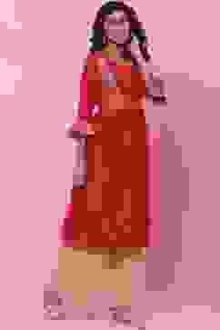 Red Art Silk Flared Kurta image number 3