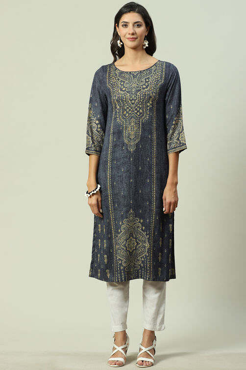 Blue Rayon Straight Printed Kurta image number 5