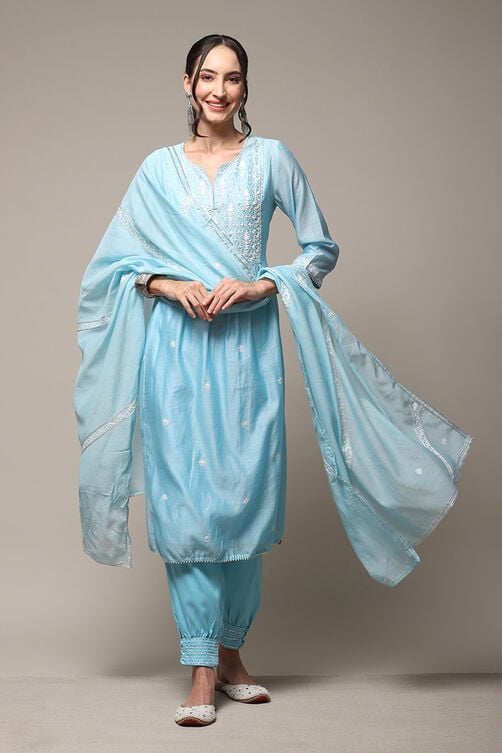 Sky Blue Cotton Blend Layered Kurta Salwar Suit Set image number 0
