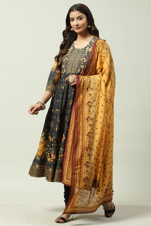 Black Cotton Anarkali Kurta Churidar Suit Set image number 5