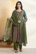 Teal & Red Printed Straight Cotton Silk Kurta Set image number 7