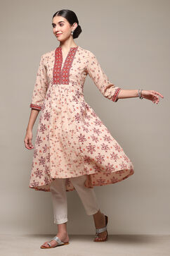 Red Cotton Blend A-Line Printed Kurta image number 2